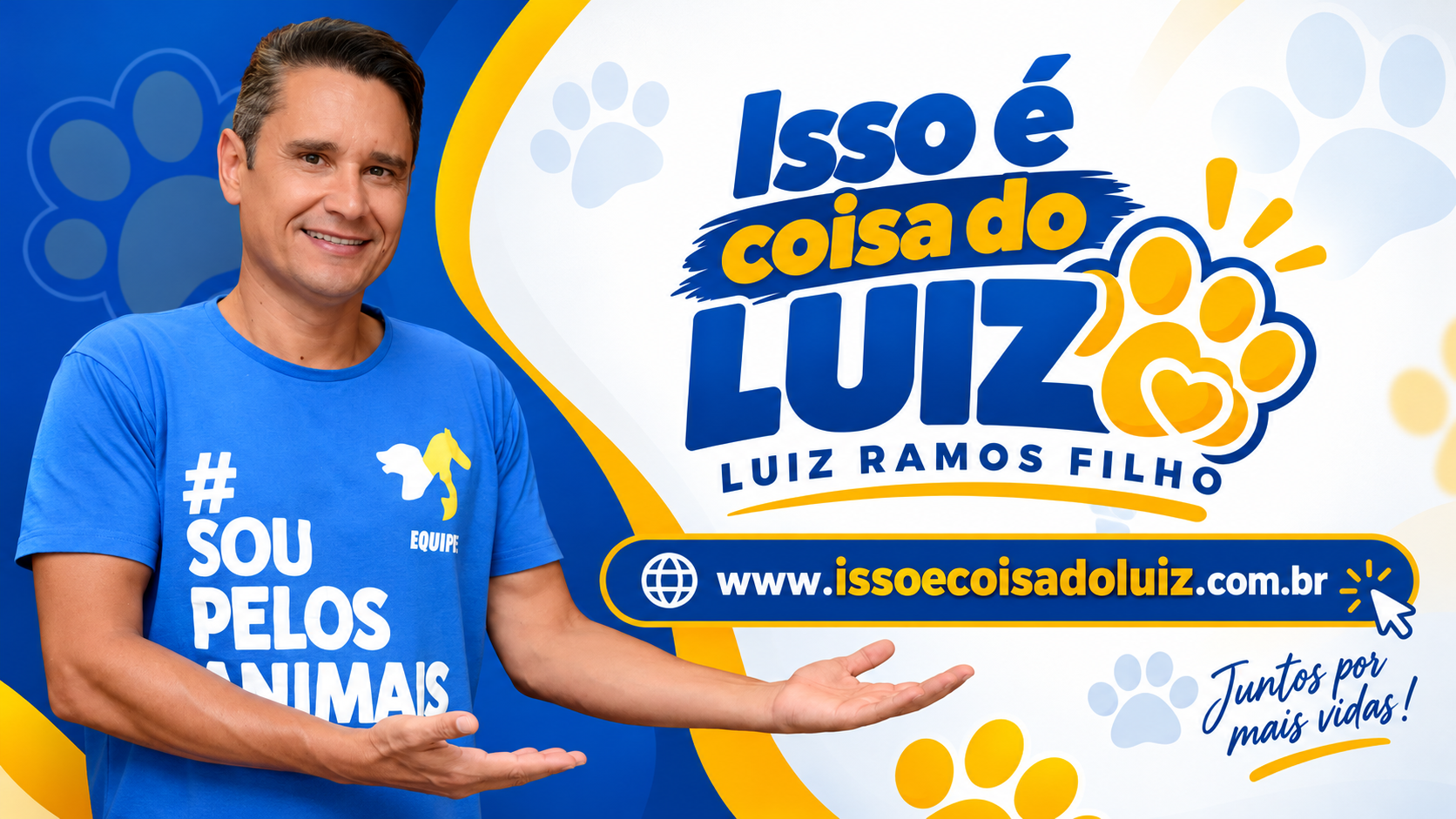 Luiz Ramos Filho sorrindo, com camiseta azul “Sou pelos animais”, ao lado do logotipo Isso é coisa do Luiz e do endereço issoecoisadoluiz.com.br